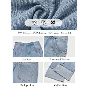 PLNOTME Womens Baggy Jeans Boyfriend Wide Leg Trendy Casual Mid Rise Cuffed Hem Denim Pants with Pockets Light Blue