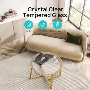 Evajoy Glass Coffee Table, 27.6" Gold Round Coffee Table with Tempered Clear Glass Surface for Living Room, Simple & Modern Center Circle Coffee Tables for Small Space, Easy Assembly