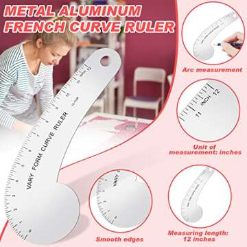 Vary Form Curve Ruler 12'' Solid Aluminum French Curve Hip Curve Ruler for Measuring Sewing Design M...