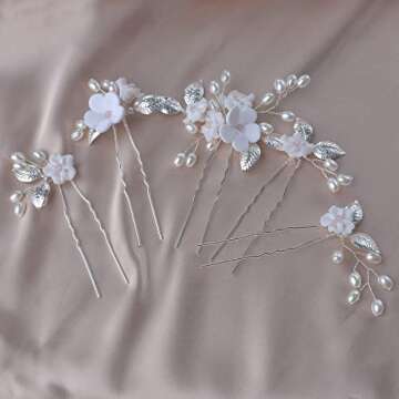 Wedding Hair Clips, Bridal Hair Pins 5 Packs Silver Ceramic Flower Hair Accessories for Brides, Girl...