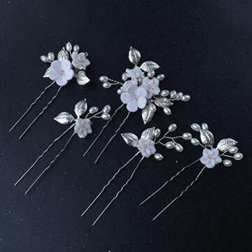 Wedding Hair Clips, Bridal Hair Pins 5 Packs Silver Ceramic Flower Hair Accessories for Brides, Girl, Women, Flower Girl