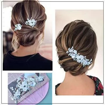 Wedding Hair Clips, Bridal Hair Pins 5 Packs Silver Ceramic Flower Hair Accessories for Brides, Girl, Women, Flower Girl