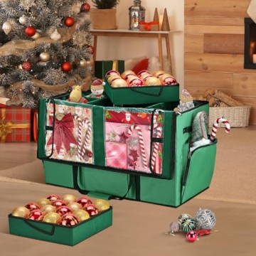 Irrantan 2-in-1 Christmas Ornament Storage Box & Xmas Figurine Container, Premium Christmas Ornament Storage Container - Holds Up to 64pcs-3” Ornaments, Adjustable Dividers, 4 Individual Trays -Green