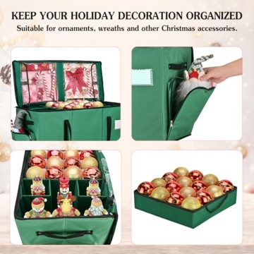 Irrantan 2-in-1 Christmas Ornament Storage Box & Xmas Figurine Container, Premium Christmas Ornament Storage Container - Holds Up to 64pcs-3” Ornaments, Adjustable Dividers, 4 Individual Trays -Green