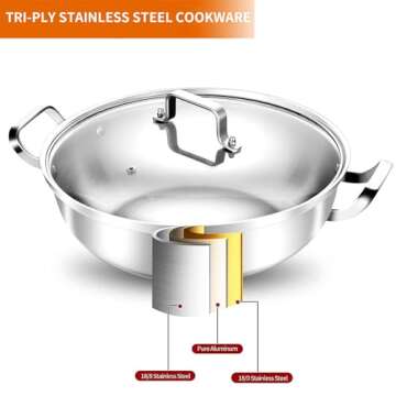 Delarlo Tri-Ply Stainless Steel 11 inch Everyday Pan with Lid, Kitchen Everything Pan, Chef's Pans, ...