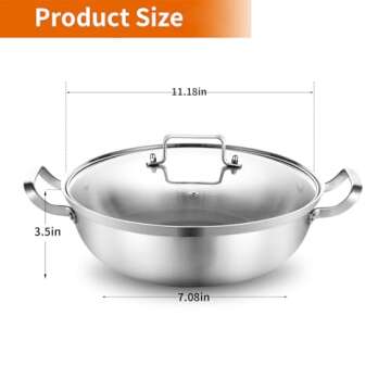 Delarlo Tri-Ply Stainless Steel 11 inch Everyday Pan with Lid, Kitchen Everything Pan, Chef's Pans, Induction Deep Saute Pan, High Side Cooking Pot 3.5QT, Oven Safe Stock Pot, Up to 600℉