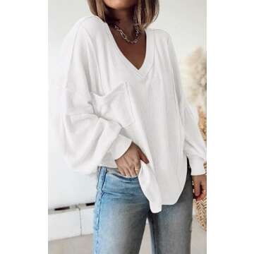 BTFBM Women's Casual V Neck Ribbed Knit Shirts 2025 Fall Pullover Tunic Tops Loose Balloon Long Slee...