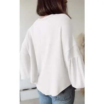 BTFBM Women's Casual V Neck Ribbed Knit Shirts 2025 Fall Pullover Tunic Tops Loose Balloon Long Sleeve Blouses Top(Solid White, Large)