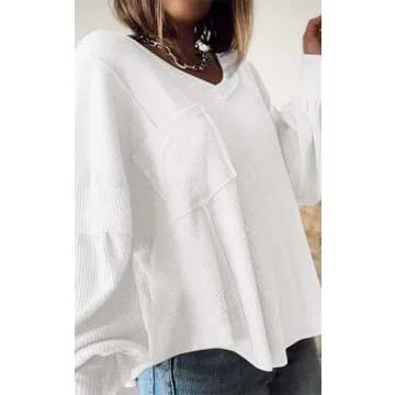 BTFBM Women's Casual V Neck Ribbed Knit Shirts 2025 Fall Pullover Tunic Tops Loose Balloon Long Sleeve Blouses Top(Solid White, Large)