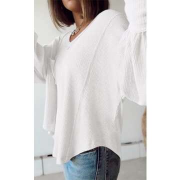BTFBM Women's Casual V Neck Ribbed Knit Shirts 2025 Fall Pullover Tunic Tops Loose Balloon Long Sleeve Blouses Top(Solid White, Large)