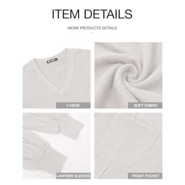 BTFBM Women's Casual V Neck Ribbed Knit Shirts 2025 Fall Pullover Tunic Tops Loose Balloon Long Sleeve Blouses Top(Solid White, Large)