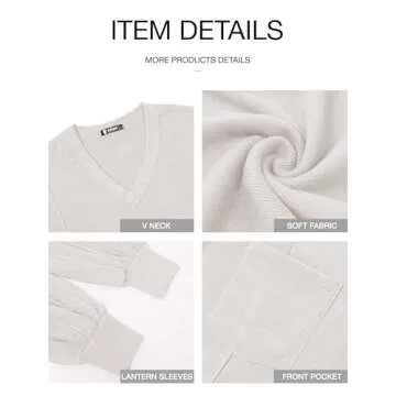 BTFBM Women's Casual V Neck Ribbed Knit Shirts 2025 Fall Pullover Tunic Tops Loose Balloon Long Sleeve Blouses Top(Solid White, Large)