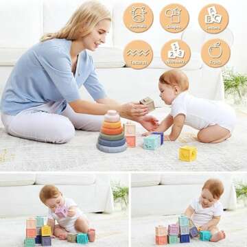 Montessori Toys Soft Stacking Building Blocks Rings Balls Sets 3 in 1 Baby Toys Bundle for Babies 6-12 Months Sensory Toys for Toddlers 1-3 Teething Bath Toys for Infants Learning Toy