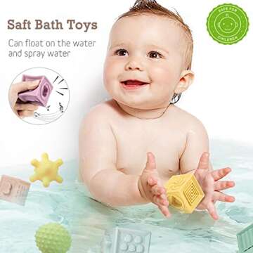 Montessori Toys Soft Stacking Building Blocks Rings Balls Sets 3 in 1 Baby Toys Bundle for Babies 6-12 Months Sensory Toys for Toddlers 1-3 Teething Bath Toys for Infants Learning Toy