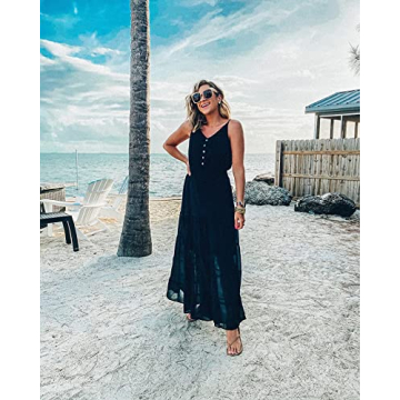 PRETTYGARDEN Women's Casual Summer Dress Spaghetti Strap Sleeveless High Waist Beach Long Maxi Sun Dresses (Black,Small)