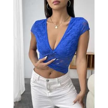Women Lace Crop Top V Neck Slim Fit Going Out Top Short Sleeve Sheer Mesh See Through T Shirt Sexy Clubwear Tee Royal Blue