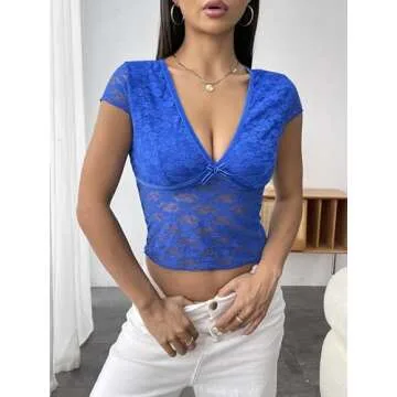 Women Lace Crop Top V Neck Slim Fit Going Out Top Short Sleeve Sheer Mesh See Through T Shirt Sexy Clubwear Tee Royal Blue
