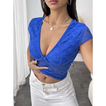 Women Lace Crop Top V Neck Slim Fit Going Out Top Short Sleeve Sheer Mesh See Through T Shirt Sexy Clubwear Tee Royal Blue