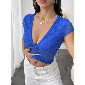 Women Lace Crop Top V Neck Slim Fit Going Out Top Short Sleeve Sheer Mesh See Through T Shirt Sexy Clubwear Tee Royal Blue