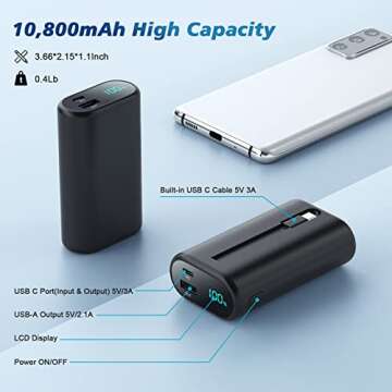 Small Portable Charger 10800mAh with Built-in USB-C Cable, Mini PD 3A Fast Phone Charging Power Bank,LCD Display Android Charger Battery Pack Compatible with Samsung Galaxy S22/S21,Note,Moto,LG