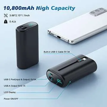 Small Portable Charger 10800mAh with Built-in USB-C Cable, Mini PD 3A Fast Phone Charging Power Bank,LCD Display Android Charger Battery Pack Compatible with Samsung Galaxy S22/S21,Note,Moto,LG