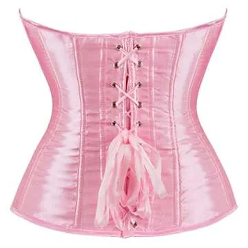 Moessa Women's Satin Corsets Top Lace Up Boned Overbust Corset bustier Lingerie Body Shaper Bustier A818-Pink-L