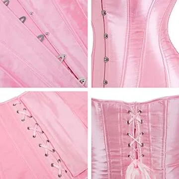Moessa Women's Satin Corsets Top Lace Up Boned Overbust Corset bustier Lingerie Body Shaper Bustier A818-Pink-L