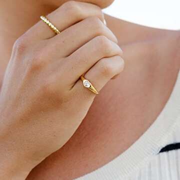 espere Cubic Zirconia Heart Inlay Signet Ring 18K Gold Plated | Minimal Dainty Pinky Ring | Simple S...