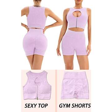 Basic Faith Two Piece Outfits for Women Sweatsuits Workout Casual Sets Seamless Ribbed Summer Tracksuits Lavender S