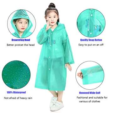 AIDEGER EVA Rain Ponchos for Kids, 2 Pack Reusable Raincoats with Hoods and Sleeves Lightweight Rain Jacket