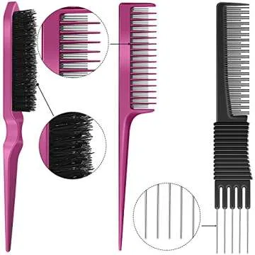 3 Pieces Pick Teasing Combs Hair Brush Set Includes Black Carbon Lift with Metal Prong, Triple Pin Rat Tail Comb, Nylon Bristle Hair Brush for Women(Black, Rose Red)
