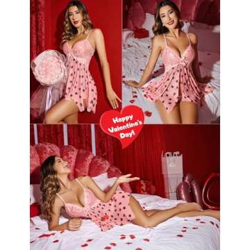 Avidlove Women Lingerie sexy Nightgown Lace Babydoll Valentine's Day Heart Print Lingerie S