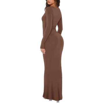 REORIA Casual Sexy Dresses for Women Date Night Going Out Club Outfits Square Neck Long Sleeve Ribbed Bodycon Maxi Dress Coffee X-Small