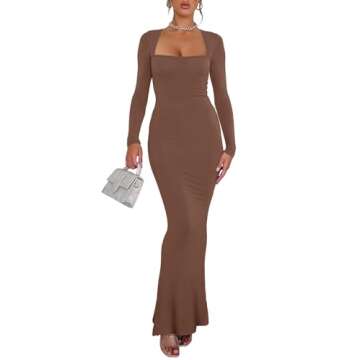 REORIA Casual Sexy Dresses for Women Date Night Going Out Club Outfits Square Neck Long Sleeve Ribbed Bodycon Maxi Dress Coffee X-Small