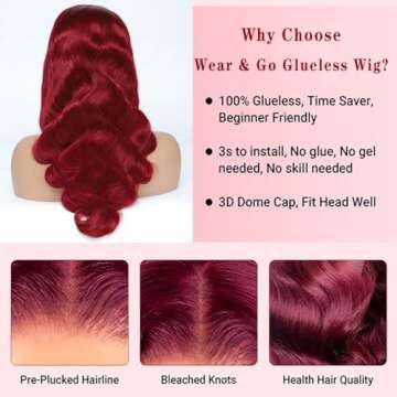 Jewhaut Wear and Go Glueless Wigs Human Hair for Beginners 99j Burgundy 24 Inch