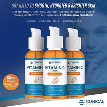Clinical Effects Vitamin C Serum - Skin Brightening Serum with Hyaluronic Acid - Antioxidant Serum for Face - Sensitive, Acne-Prone, Dry and Combination Skin Care Product - 1 oz. - Made in the USA