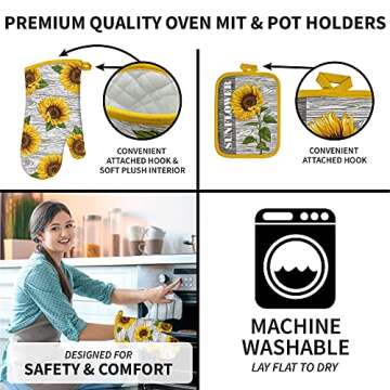 Franco Kitchen Designers Soft and Absorbent Cotton Towels with Pot Holders and Oven Mitt Linen Set, 5 Piece, Sunflower Country