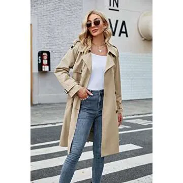 Makkrom Women's Double Breasted Long Trench Coat Windproof Classic Lapel Slim Overcoat with Belt