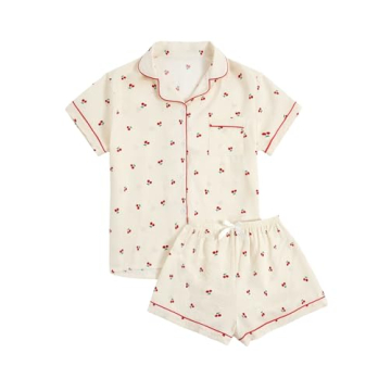 Verdusa Women's 2 Piece Pajama Set Matching Pjs Sets Cute Printed Sleepwear Button Up Shirt with Lou...