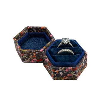 Beatrix & Luca Printed Fabric Velvet Ring Box for Wedding Ceremony, Proposal, Engagement, Bridal (Navy Floral Double Ring)