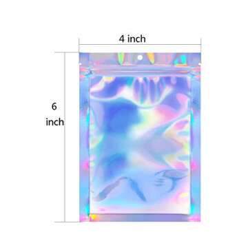 100pcs 4"X 6" Smell Proof Resealable Mylar Bags Food Storage Holographic Bags Foil Pouch Double-Side...