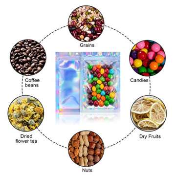 100pcs 4"X 6" Smell Proof Resealable Mylar Bags Food Storage Holographic Bags Foil Pouch Double-Sided Zipper lock Bag