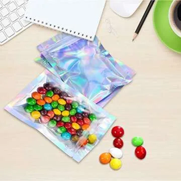 100pcs 4"X 6" Smell Proof Resealable Mylar Bags Food Storage Holographic Bags Foil Pouch Double-Sided Zipper lock Bag