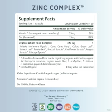 PURE SYNERGY Zinc Complex Vegan Immune Support Supplement