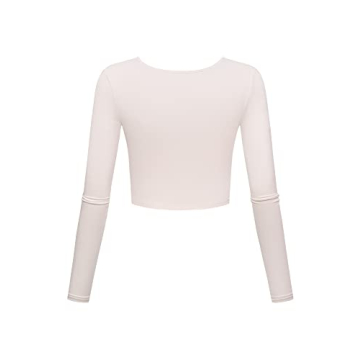 Long Sleeve Crop Tops for Women Workout Basic Clothes for Teen Ladies Fitted Slim Scoop Neck Cute Yoga Shirts (Beige, Medium)