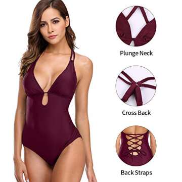 CharmLeaks Open Back One Piece Swimsuit Plunge Monokini Back Tie Swimwear Red L, Burgundy Basic