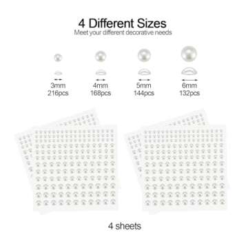 BlingKingdom 660pcs Self Adhesive Pearl Stickers Flat Back Pearls for Craft Hair Face Makeup Nail Cell Phone Scrapbooking Decor, 4 Size 3mm/4mm/5mm/6mm (White)
