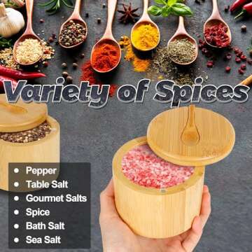 Loscarol 2Pcs Bamboo Salt Cellar Spice Box with Magnetic Swivel Lid & Spoon, Bamboo Storage Box Salt Container to Storage Pepper, Table Salt, Gourmet Salts, Spice, Sugar, 6 oz