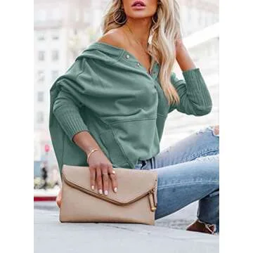 PRETTYGARDEN Loose Casual Button V Neck Hoodies for Women Long Sleeve Oversized Pullover Sweatshirt Hooded Tops Fall with Pockets (Bean Green,Small)