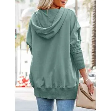 PRETTYGARDEN Loose Casual Button V Neck Hoodies for Women Long Sleeve Oversized Pullover Sweatshirt Hooded Tops Fall with Pockets (Bean Green,Small)